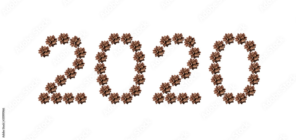 Decorative with pine cones 2020 numbers isolated on white background, new year font Decorative with pine cones 2020 numbers isolated on white background, new year font