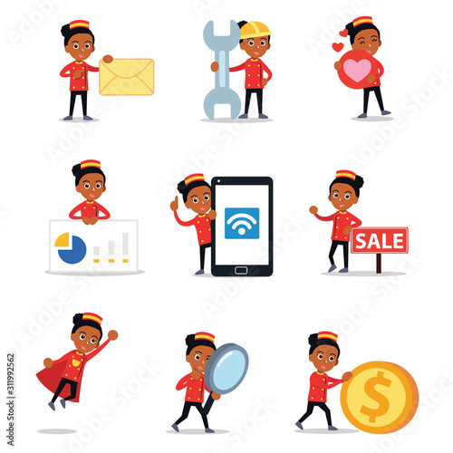 Set of character bellhop woman work in hotel.