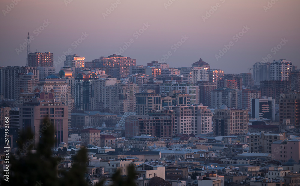 Chaos of new buildings in Baku at sunrise