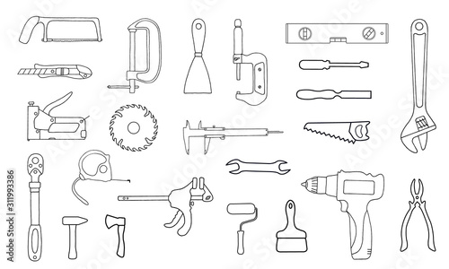 Set of simple icons of tools drawing with black lines on white background. Measure vector engineering illustration. Flat outline vector icon.