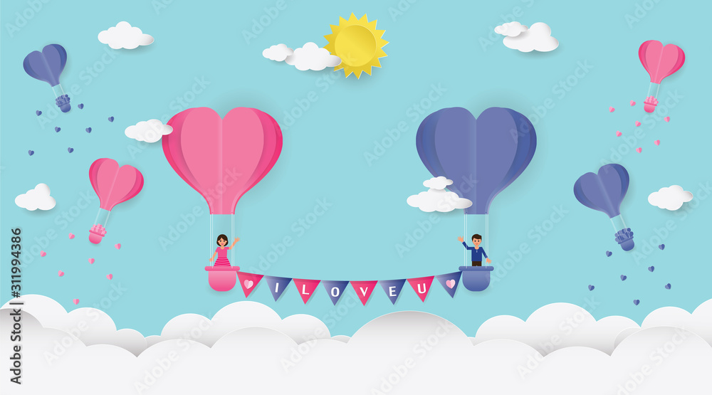 Valentine's day card, Vector illustration of Love couple on balloon heart and party flags symbol of 