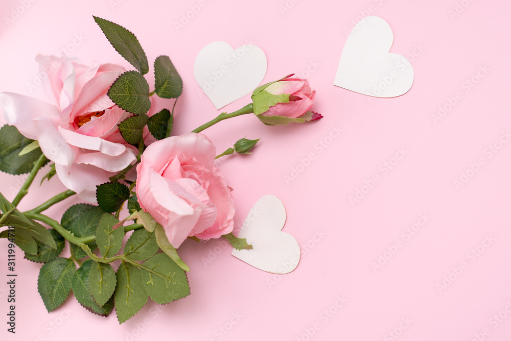 pink rose, white hearts on pink background, copy space. valentine's day greeting card