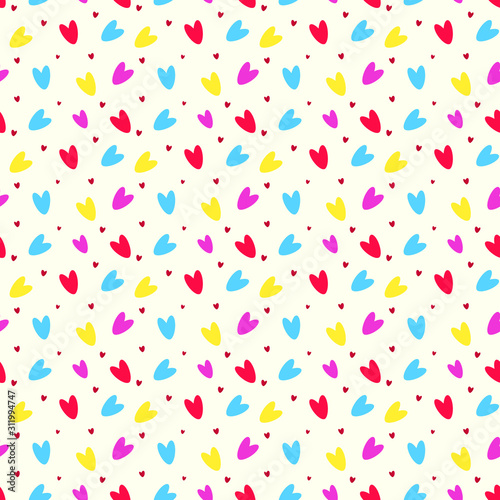 Seamless pattern background with colorful hearts on white background.