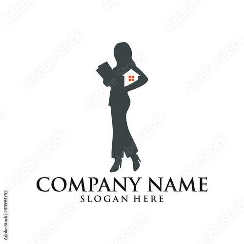 abstract real estate logo business women with negative space miniature houses