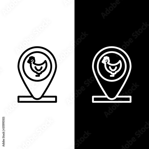 Set line Chicken farm and location icon isolated on black and white background.  Vector Illustration