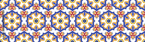 Decorative traditional ceramic azulejo tile. Watercolor seamless pattern .  Spanish blue and red ornament for pottery, wallpaper, print, surface texture,  T-shirts, bags, pillow, towels and linens.