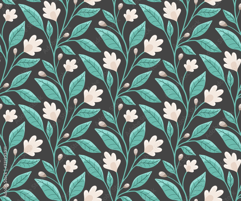 Leaf branch with flowers and leaves, floral seamless vector pattern Leaf branch with flowers and leaves, floral seamless vector pattern