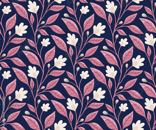 Leaf branch with flowers and leaves, floral seamless vector pattern