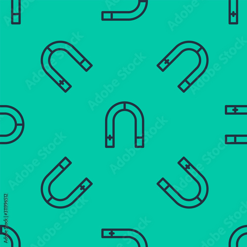 Blue line Magnet icon isolated seamless pattern on green background. Horseshoe magnet, magnetism, magnetize, attraction.  Vector Illustration