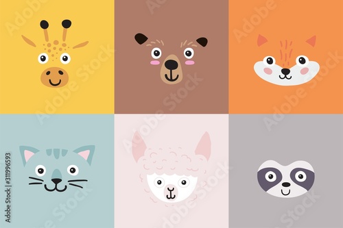 Cute cartoon animal portraits set. Hand drawn faces of Giraffe, bear, Fox, cat, Alpaca, sloth