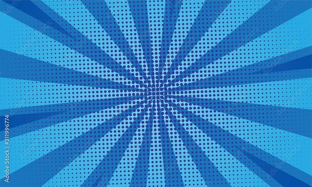 Blue color burst background comic style pop art. Lightning blast halftone dots. Blue color burst background comic style pop art. Lightning blast halftone dots.