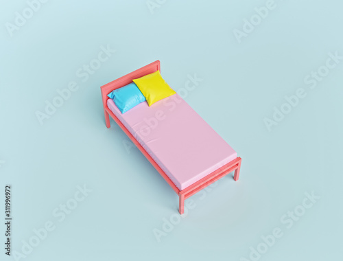 minimal style single bed with colorful pillows isolated on pastel background. interior, home, rest and comfortable sleep concept. 3d rendering
