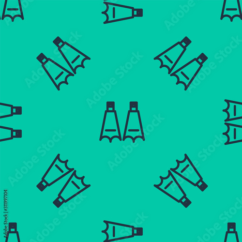 Blue line Rubber flippers for swimming icon isolated seamless pattern on green background. Diving equipment. Extreme sport. Diving underwater equipment. Vector Illustration