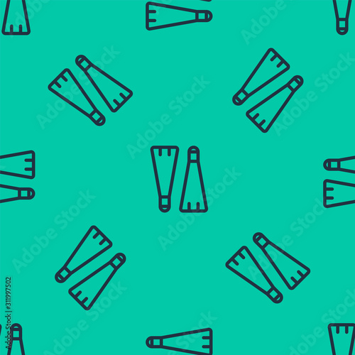 Blue line Rubber flippers for swimming icon isolated seamless pattern on green background. Diving equipment. Extreme sport. Diving underwater equipment. Vector Illustration