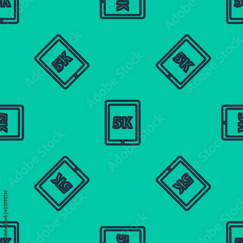 Blue line Tablet with text 5k icon isolated seamless pattern on green background. Vector Illustration