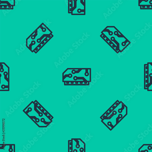 Blue line RAM, random access memory icon isolated seamless pattern on green background. Vector Illustration