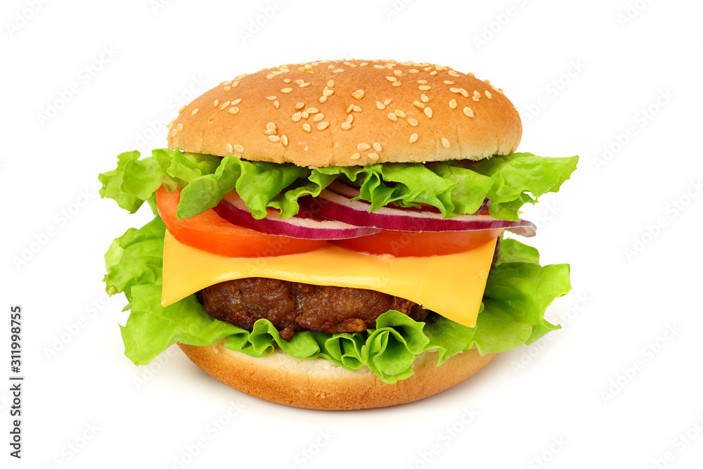 bbq hamburger with vegetables, spices isolated on white background bbq hamburger with vegetables, spices isolated on white background