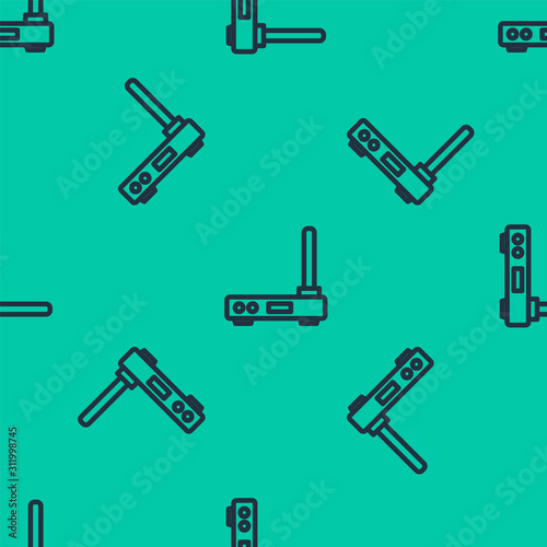 Blue line Router and wi-fi signal symbol icon isolated seamless pattern on green background. Wireless ethernet modem router. Computer technology internet. Vector Illustration