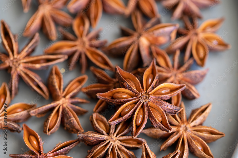 Natural anise star spice background.Close up Natural anise star spice background.Close up