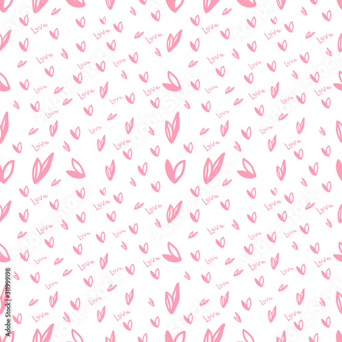 Cute seamless pattern for February 14 - Valentine's Day. A pattern with hearts and the text of love on a white background. It's used for background, paper, prints. Give for wedding day or mothers day