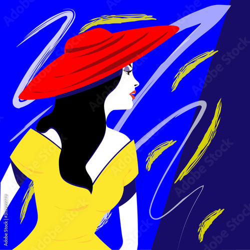 Young woman model in profile in pop art style. Sexy girl for advertising with bright hair