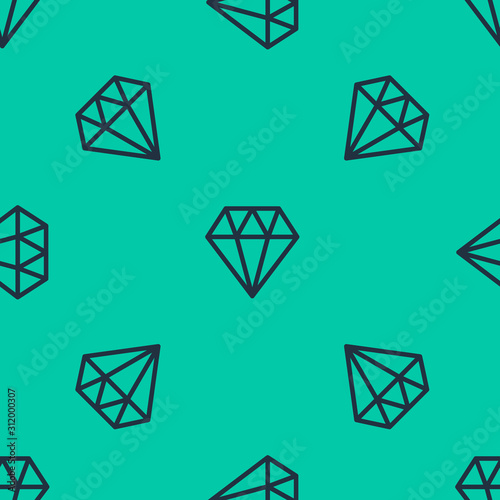 Blue line Diamond icon isolated seamless pattern on green background. Jewelry symbol. Gem stone. Vector Illustration