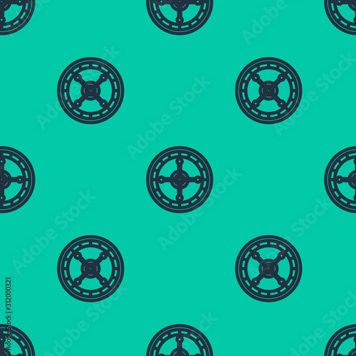 Blue line Casino roulette wheel icon isolated seamless pattern on green background. Vector Illustration