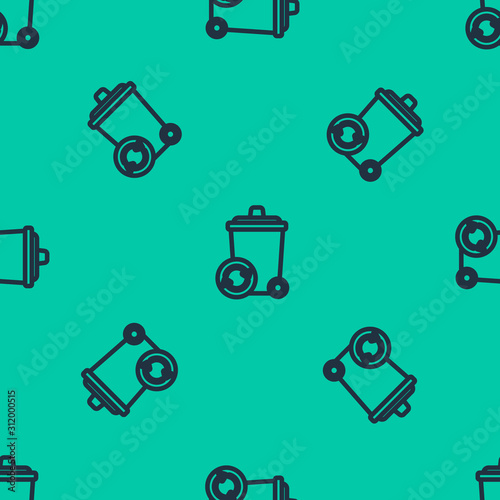 Blue line Recycle bin with recycle symbol icon isolated seamless pattern on green background. Trash can icon. Garbage bin sign. Recycle basket sign. Vector Illustration