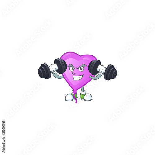 Fitness exercise purple love balloon mascot icon with barbells