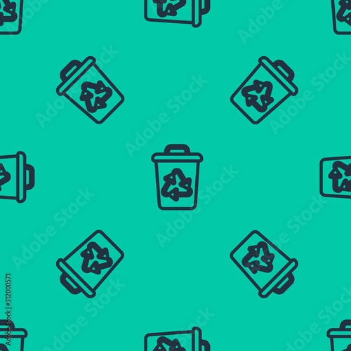Blue line Recycle bin with recycle symbol icon isolated seamless pattern on green background. Trash can icon. Garbage bin sign. Recycle basket sign. Vector Illustration