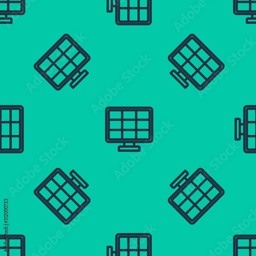 Blue line Solar energy panel icon isolated seamless pattern on green background. Vector Illustration