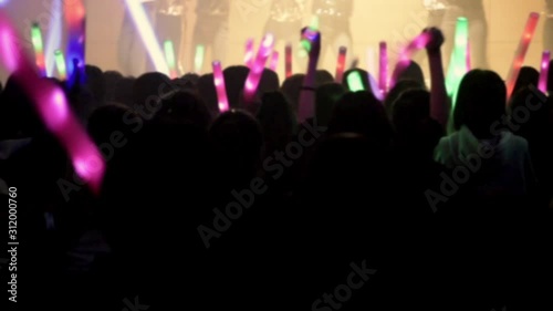 The silhouette of a cheering audience as they watch the performance dynamically in the concert. Defocused concept.