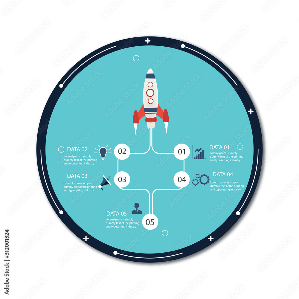 Startup info-graphic with 5 circle vertical data template Startup info-graphic with 5 circle vertical data template