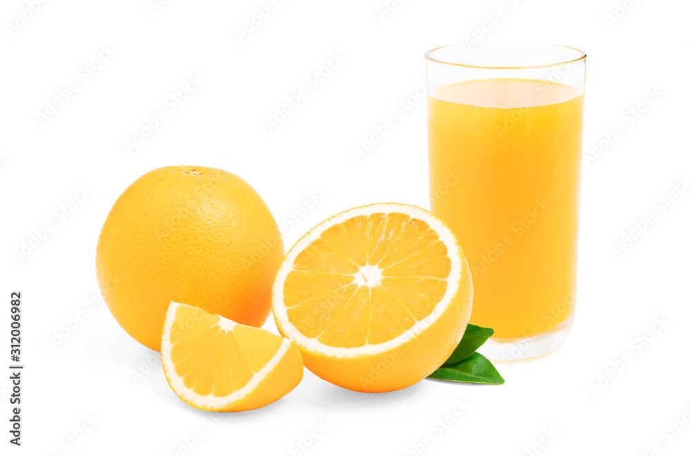 Glass of fresh orange juice with fruits cut in half and sliced with green leaf isolated on white background Glass of fresh orange juice with fruits cut in half and sliced with green leaf isolated on white background