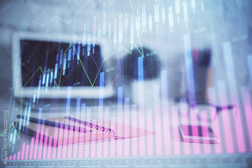 Forex Chart hologram on table with computer background. Multi exposure. Concept of financial markets. Forex Chart hologram on table with computer background. Multi exposure. Concept of financial markets.
