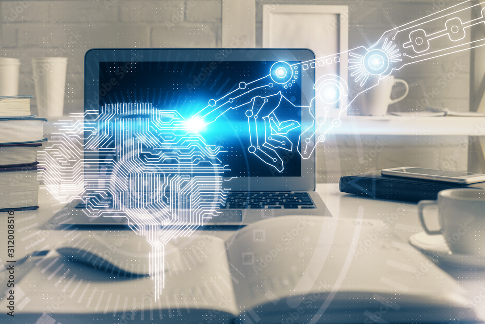 Double exposure of work table with computer and brain sketch hologram. Brainstorming concept. Double exposure of work table with computer and brain sketch hologram. Brainstorming concept.