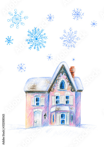 Cute. Pink house. Winter. Christmas Greeting Card.