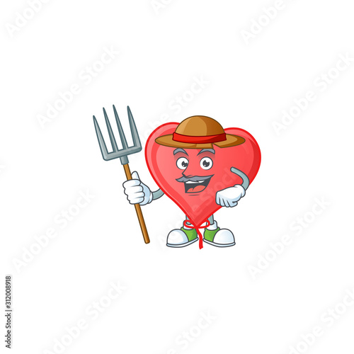 Happy Farmer red love balloon cartoon mascot with hat and tools