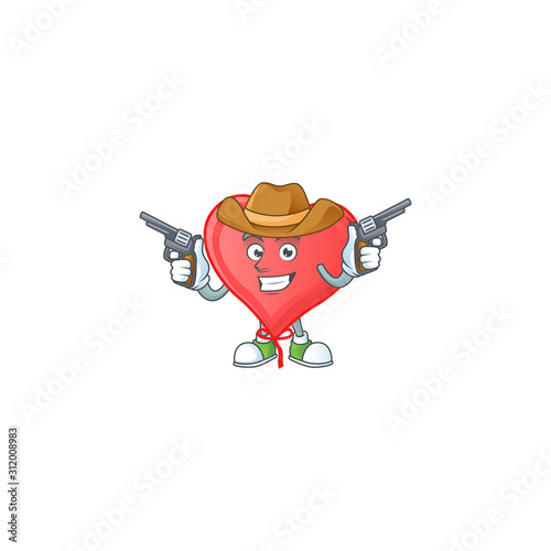 Smiling red love balloon mascot icon as a Cowboy holding guns