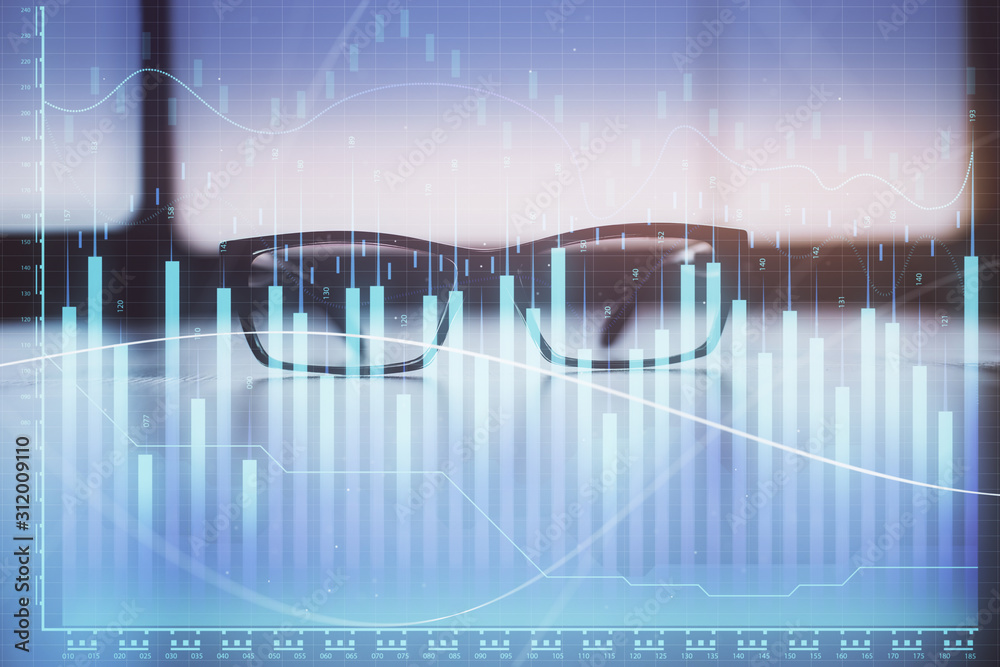 Financial graph hologram with glasses on the table background. Concept of business. Double exposure. Financial graph hologram with glasses on the table background. Concept of business. Double exposure.