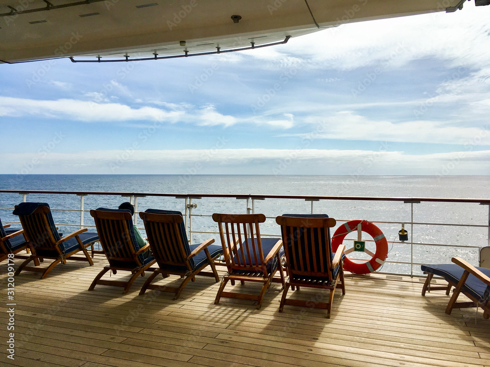 Wooden Deck chairs on Cunard luxury and legendary ocean liner