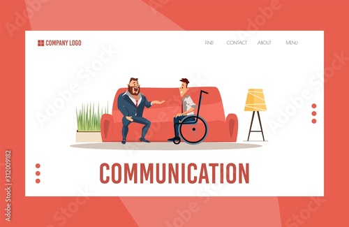 Disabled People Psychological Help and Supporting for Adaptation in Society Trendy Flat Vector Web Banner, Landing Page. Man in Business Suit Talking with Disabled Guy in Wheelchair Illustration