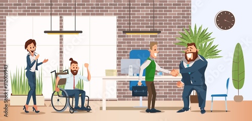 Disabled Person Full Life and Professional Realization Trendy Flat Vector Concept. Man in Wheelchair, Male Company Employee Congratulating Colleague with Job Promotion, Career Success Illustration
