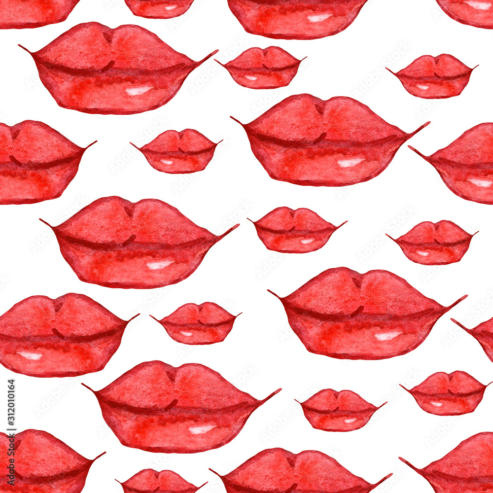 Fototapeta premium Seamless pattern with hand drawn watercolor woman red lips. Scarlet lipstick. St Valentine's Day. Love, passion and Romance. For cometics commercial design, wallpaper, wrapping paper, greeting card