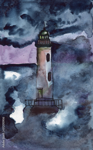 Hand drawn watercolor sketch with white lighthouse on the island. Night time. Natigation building. Stormy weather. Sea and ocean. Dark blue cloudy sky. For postcards, posters and cell phone background photo