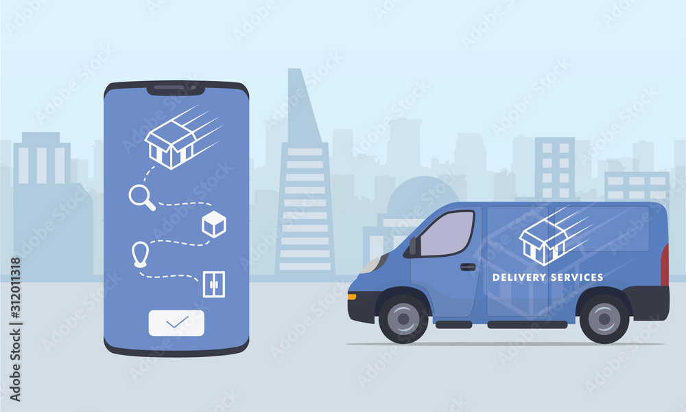 delivery truck process or step on smartphone track with city and truck van as background delivery truck process or step on smartphone track with city and truck van as background