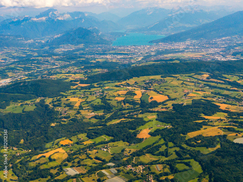 Top aerial view of country side in Switzerland