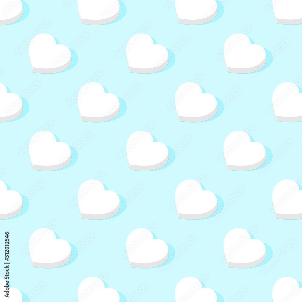 Trendy squared pattern of white geometric hearts on a delicate blue background. Minimal holiday concept. Sun shadow.