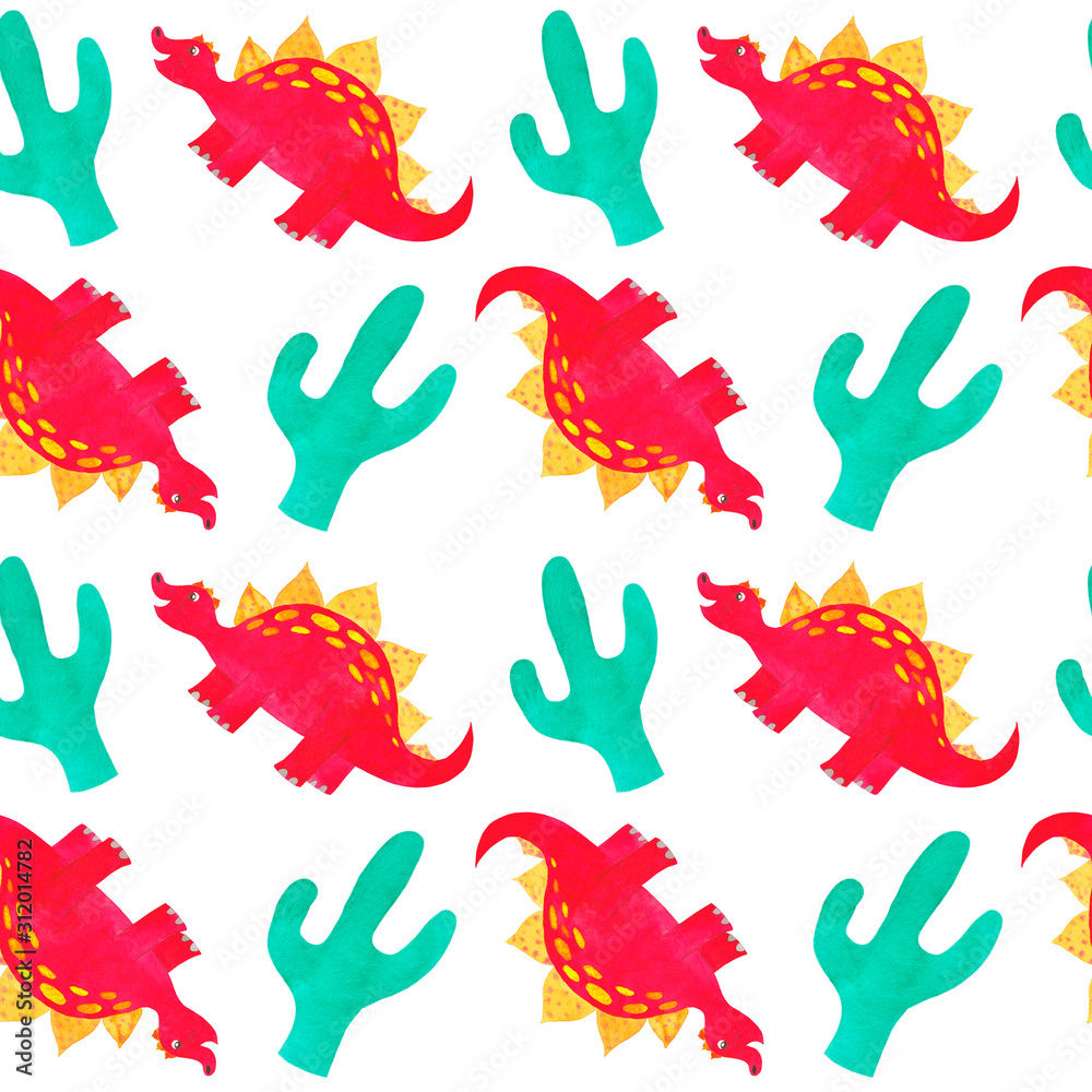 Fototapeta premium Dinosaur Seamless pattern Dino Kids illustration Children pattern Childish background Red dinosaur and Cactus