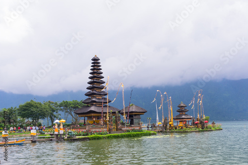 Pura Ulun Danu Bratan or Temple on Lake, Hindu temple on Bratan lake landscape, one of famous tourist landmark in Bali, Indonesia